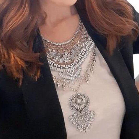 Chunky Boho Coin Statement Necklace with Long Tassel for  in Silver - Picture 3 of 7